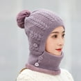 thumbnail image 2 of Xfvqtps Womens 3 in 1 Beanie Face Neck Warmer Set Knit Fleece Lining Solid Color Fuzzy Pompom Stretch Windproof Coldproof Warm Thickened Winter One Piece Skull Cap Neck Circle Scarf Set Purple, 2 of 6