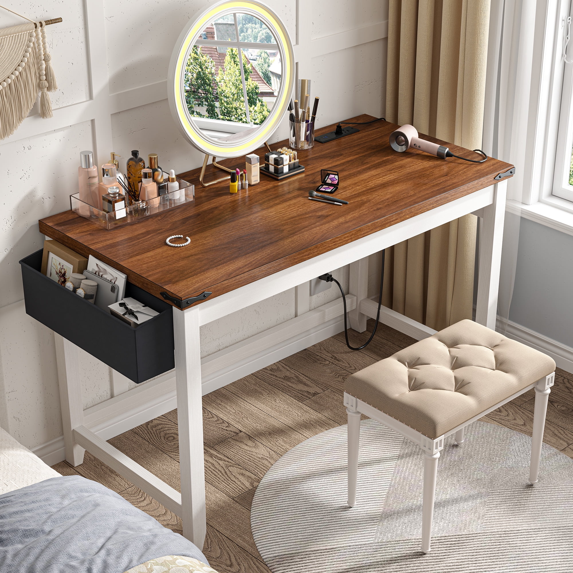 Enhomee Desk Small Desk with Power Outlet 40.1“W Computer Desk with Storage Bag, Brown & White