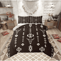Manfei Tribal Aztec Adult Full Size Comforter Sets, Brown Triangle Geometric Bedding Comforter Set, Western Sheep Skeleton Reversible Bedding Sets, Ultra Soft Home Decor, 3-Piece