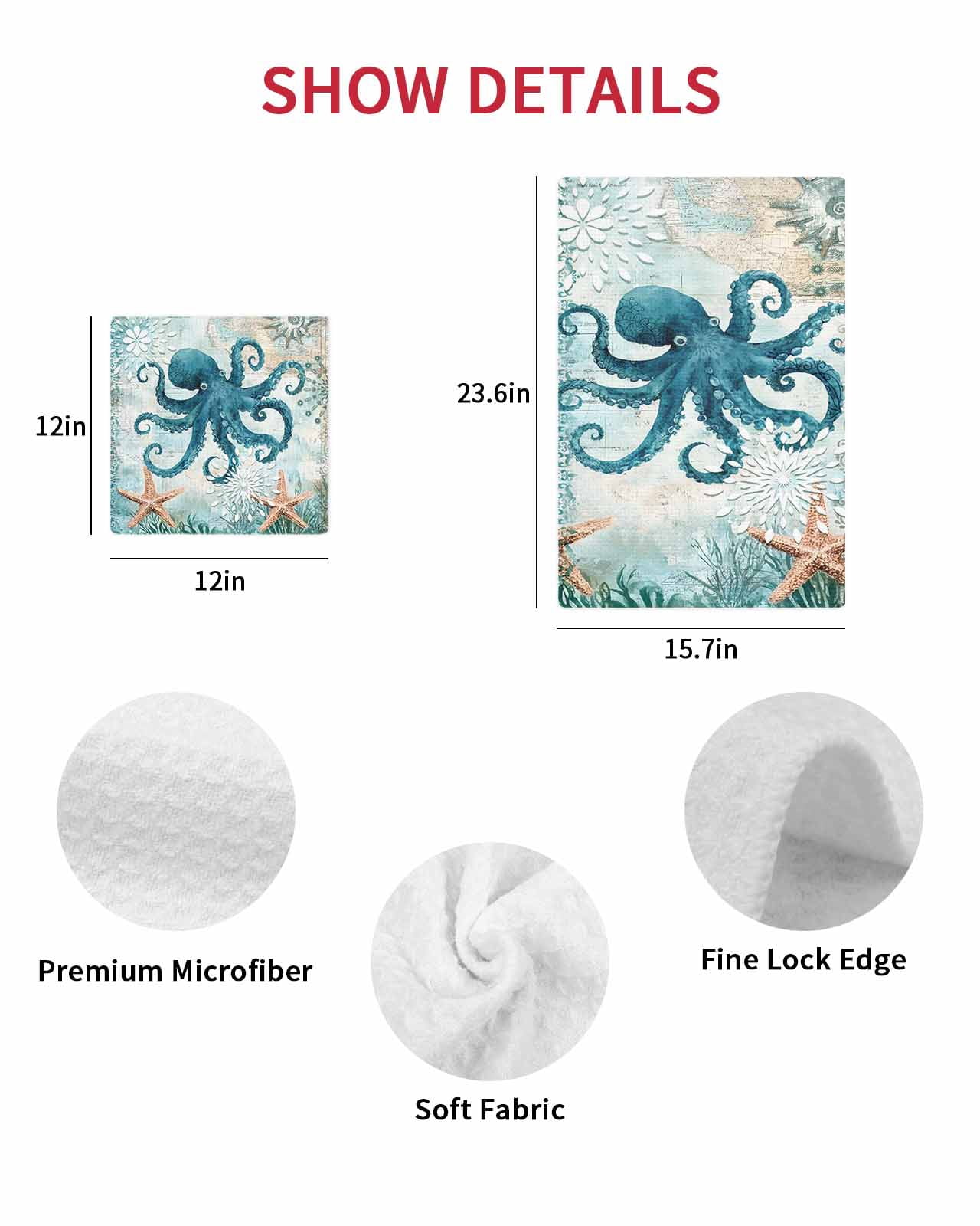 Coastal Octopus Dish Towels Set, Waffle Weave Kitchen Towels 4 Pieces, Teal Nautical Beach Starfish Vintage Microfiber Hair Face Bath Tea Towel Absorbent Quick Drying Cleaning Dish Cloths 12"x12"