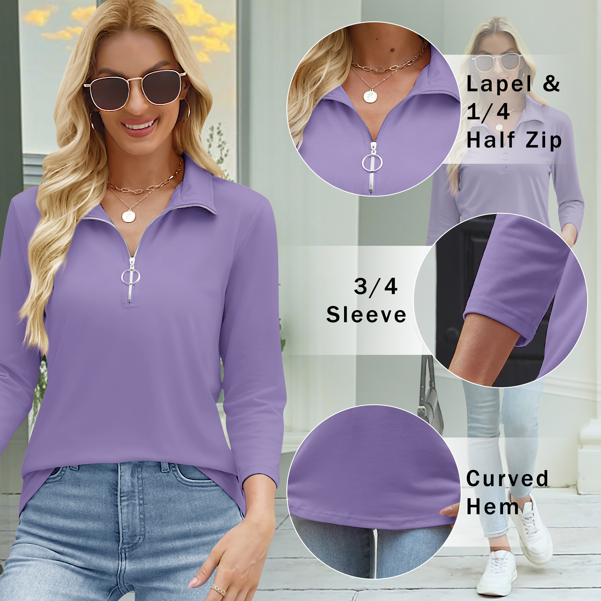 VDJ Women's Half-Zip V-Neck 3/4 Sleeve Top, Purple photo 4