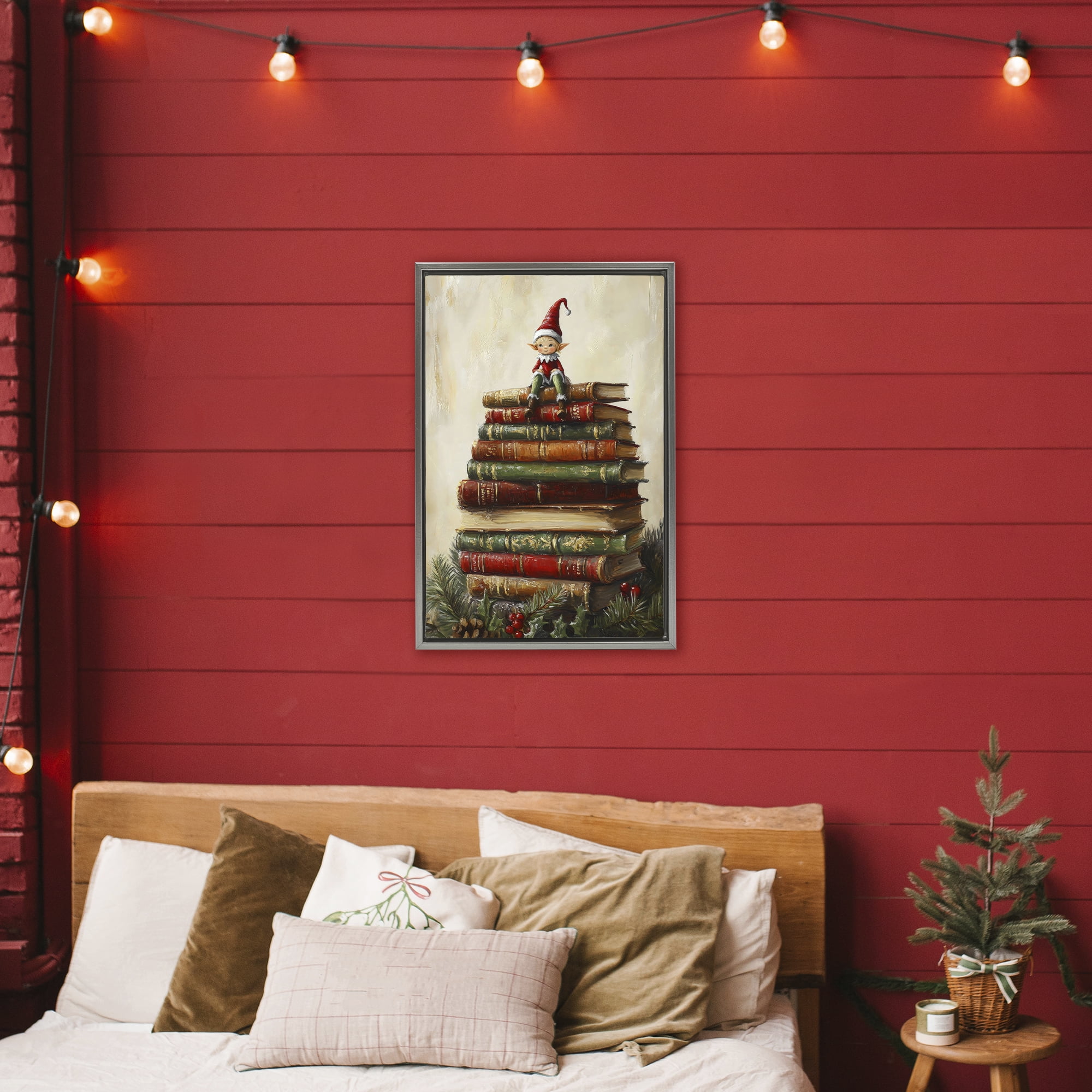 Christmas Elf Bookstack Gray Framed Floater Canvas Wall Art, design by Petal Prints Design