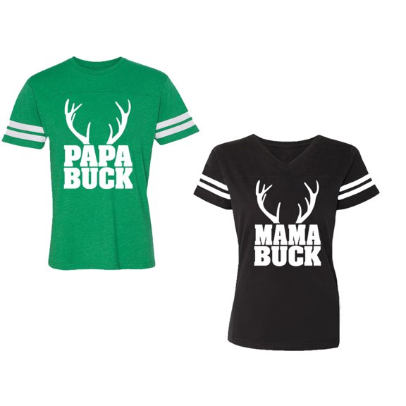 Papa Mama Buck Unisex Couple Matching Cotton Jersey style T-Shirt Contrasting stripes on sleeves (Men Green / Women Black) (Men S / Women S)
