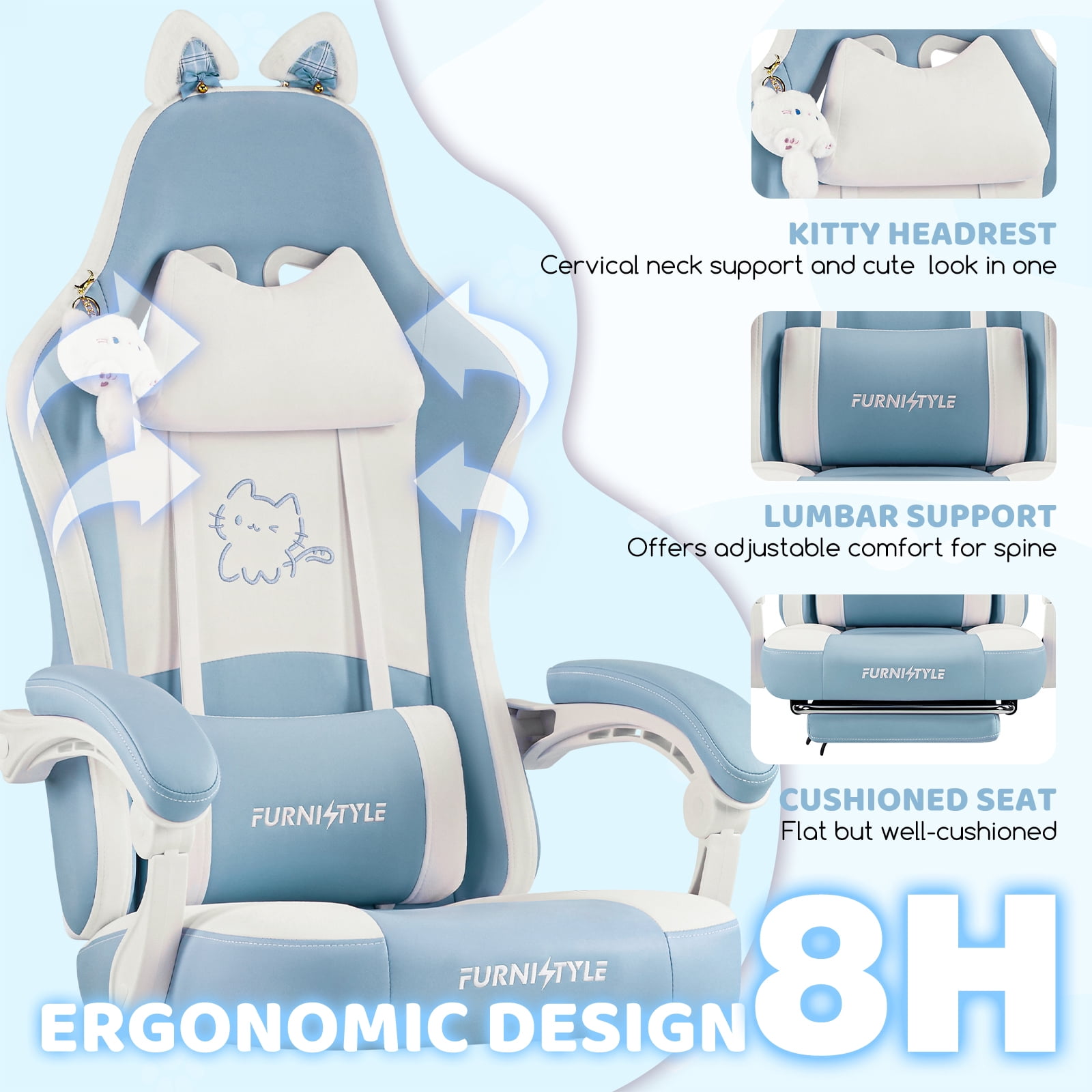 Falvinoryn Cute Gaming Chair, Ergonomic Computer Chair with Cat Ears for Girl, Lumbar Support and Headrest, Reclining Game Chair with Footrest. Blue