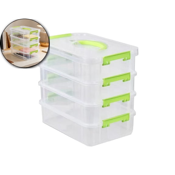 4-Tier Stackable Storage Container Box Handled Organizer Storage Box Stackable Carry Box with Removable Tray Transparent Storage Case Stack Carry Storage Box