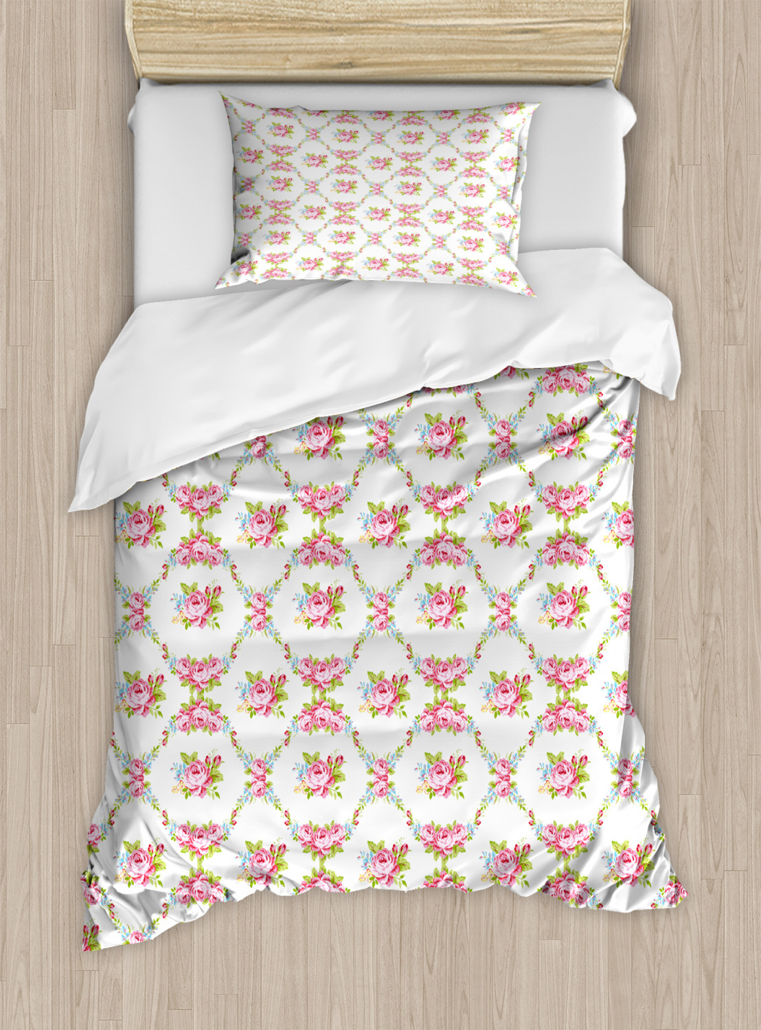 Shabby Chic Duvet Cover Set Twin Size, Curvy Borders with Rose Blossoms