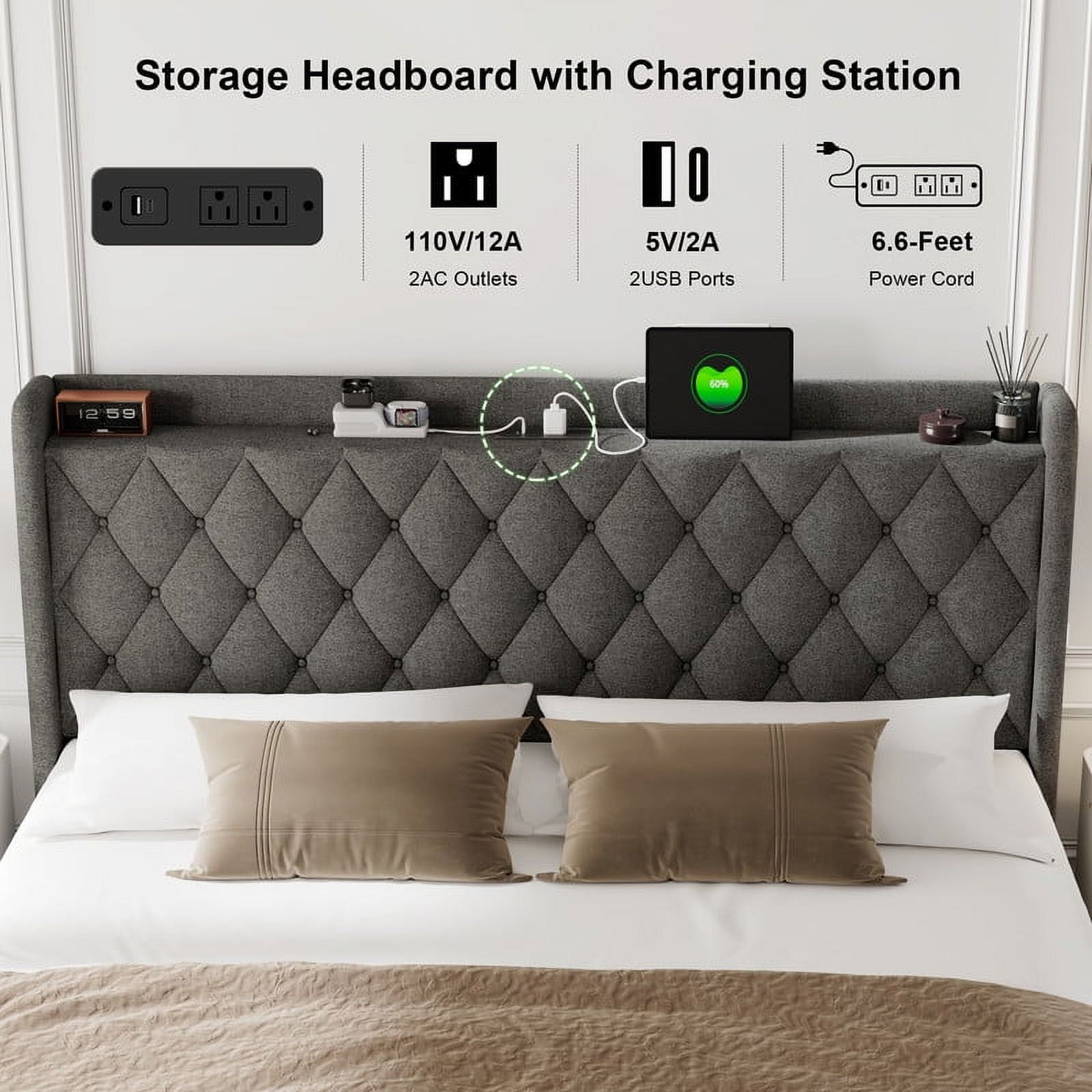 iPormis King Size Bed Frame with Lift Up Storage & Charging Station, Button Tufted Wingback Upholstered Headboard, Wooden Slats Support, No Box Spring Needed, Noise Free, Dark Grey