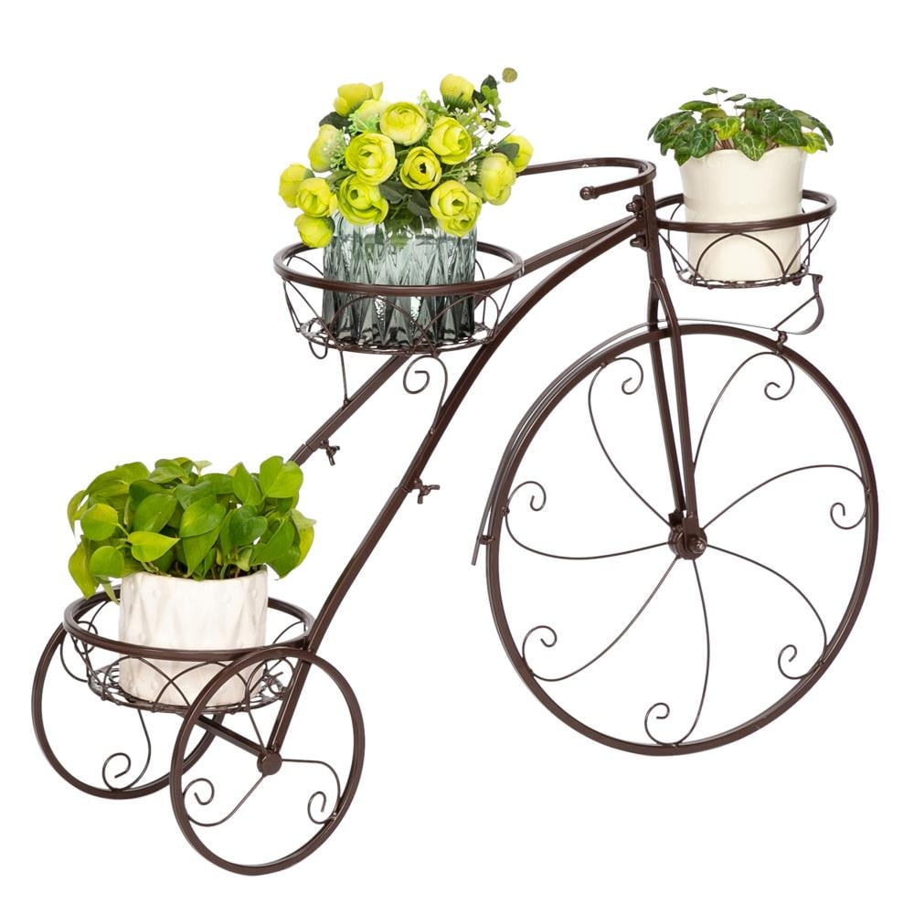 SamyoHome Bicycle Style 3-Potted Metal Plant Stand & Flower Pot Cart ...