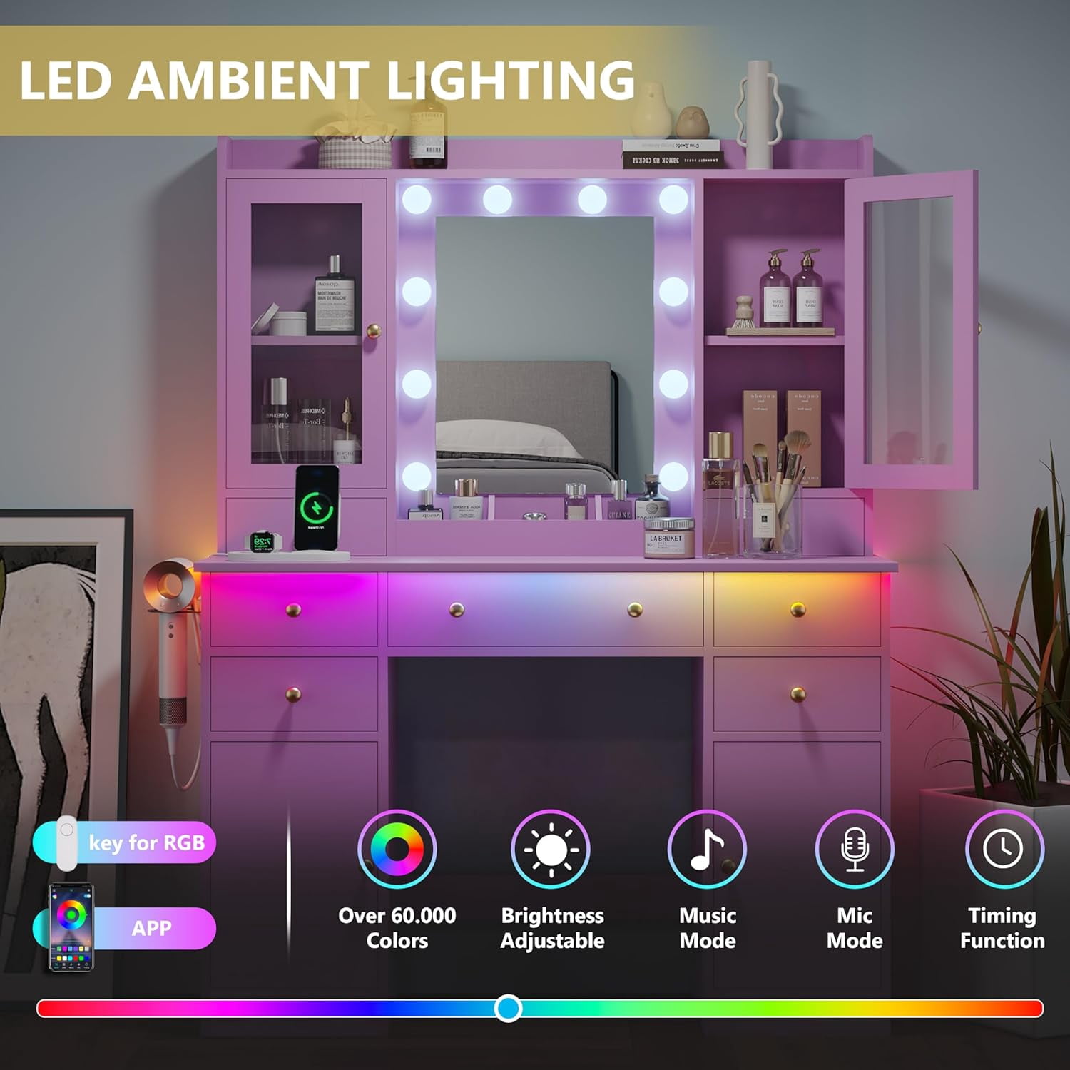 FANRAL 43.7" Vanity Desk with 10 Mirror Lights & Under-Table RGB,Charging Station & Hair Dryer Holder,Multi-Storage Dressing Table for Bedroom Bathroom,Purple Vanity