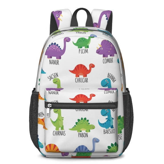 Dinosaur and Text White Pattern 17" Waterproof Oxford School Backpacks for Teens, S-Shape Padded Straps, for School, Travel, Hiking, Camping