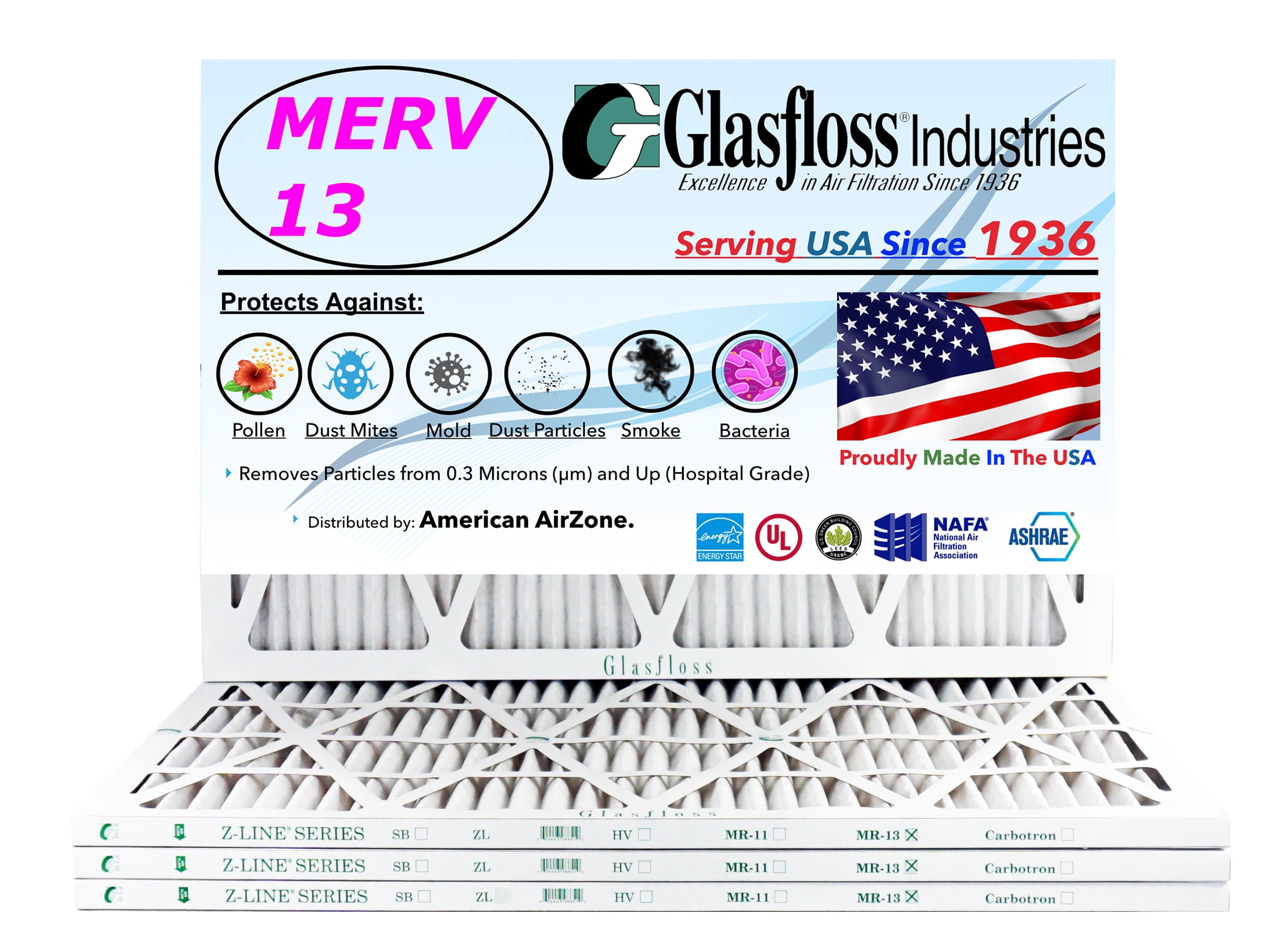 Glasfloss 24x24x1 Qty:4 Pleated AC Furnace Air Filter Made in USA 1" MERV 13 