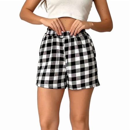 LNWUY Shorts for Women Gingham Pajama Summer Cotton Loose Pockets Lounge Sleep Plaid Shorts Y2K Beach Bottoms Black XL