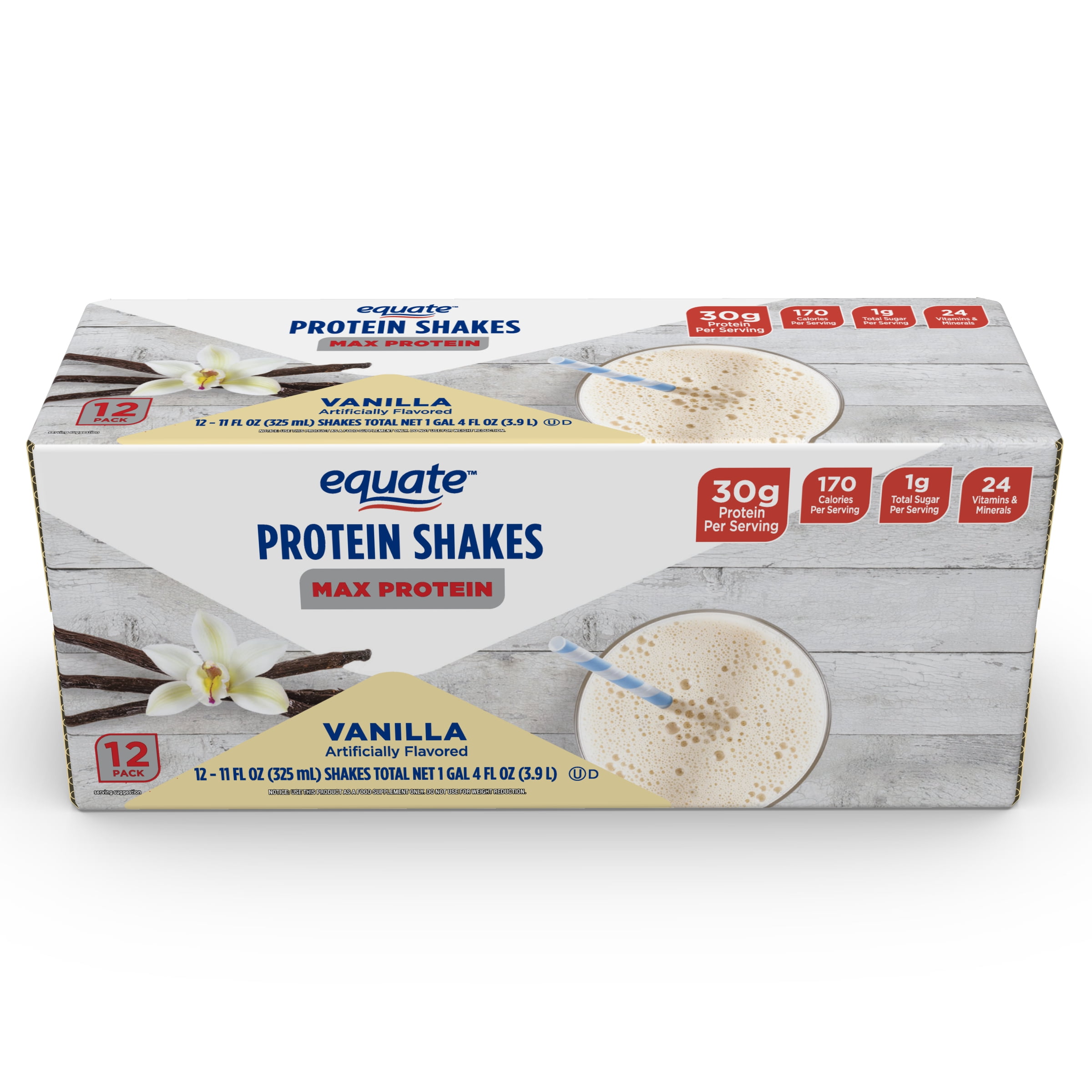 Equate Max Protein Nutrition Shake, Vanilla Flavored, 12 Pack (11 fl oz)