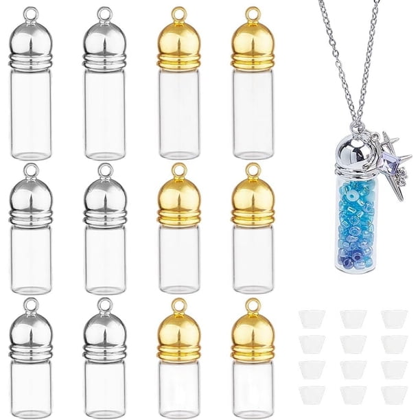 Collar con colgante de frasco de vidrio transparente de 12 piezas en 4 tamaños. Incluye un frasco de perfume que se abre.