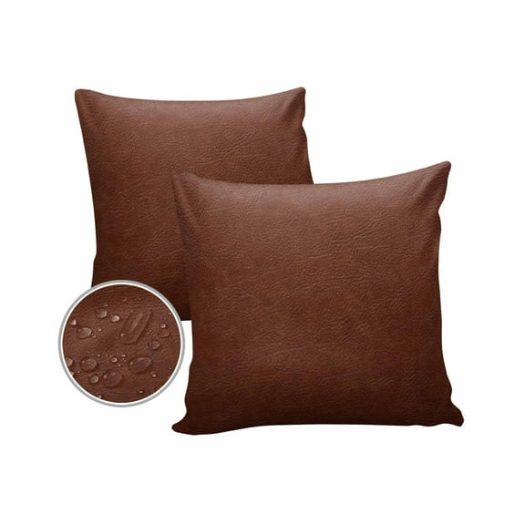 Pack of 2 Outdoor Pillow Covers, Boho Brown Leather Texture Farmhouse Style Waterproof Square Throw Pillowcase Cushion Decorative Pillow Covers for Couch Patio Tent, 24x24 in
