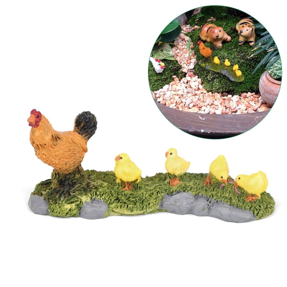 Lingsida Hen and Chicks Figurine for Miniature Garden Landscape Decor, Resin Chicken Family Ornament with Base