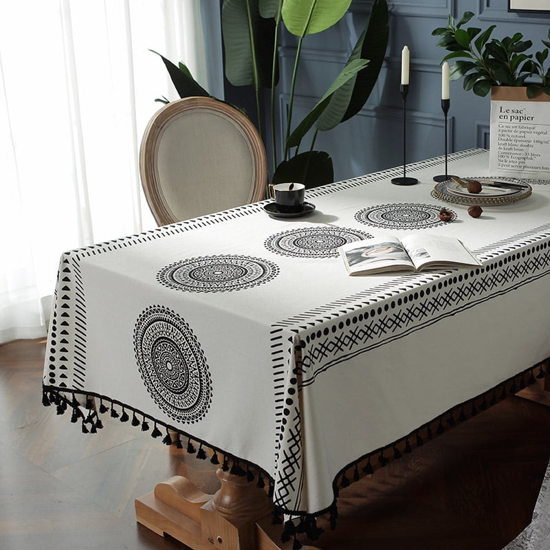 Cotton Linen Boho Geometric Square Tablecloth with Tassel White and