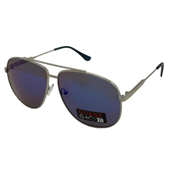 Guess Sunglass Mens Shiny Light Nickeltin Metal Aviator, Blue Lens GO00027. 10W