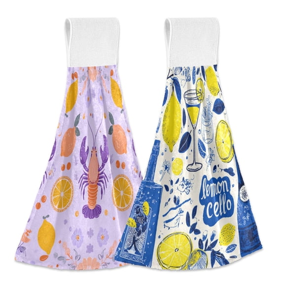 IAUYY Kitchen Hanging Towels Set of 2 100% Polyester Absorbent, Super Soft Hand Towels with Hanging Loops for Bathroom Kitchen Lemon Color Lemon Cocktail Glass