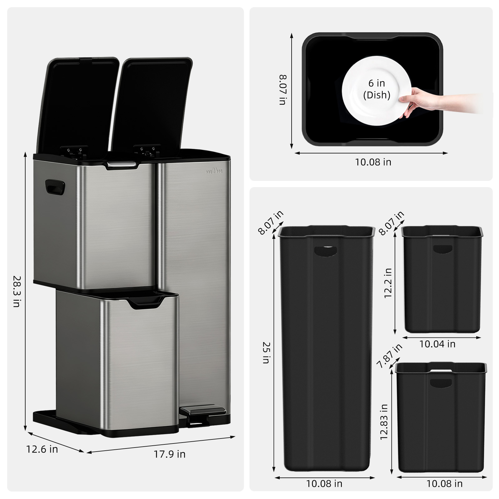 mVm 16 Gal 3 in 1 Kitchen Step Trash Can, Heavy Duty Anti Fingerprint Brushed Recycling Bin for Office