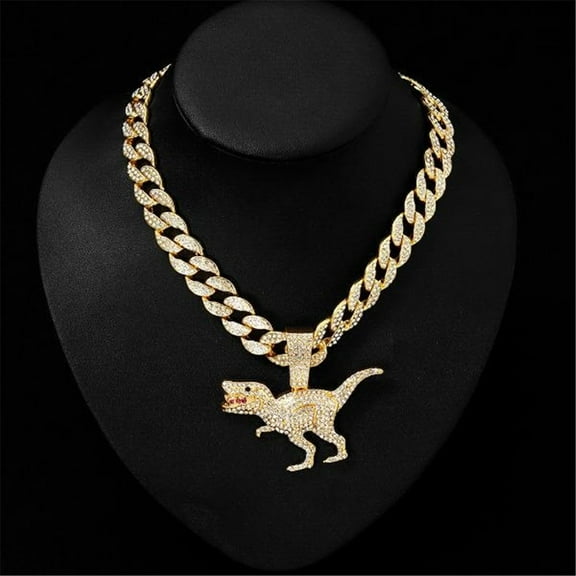 Men Women Hip Hop Dinosaur Pattern Pendant Necklace with 15mm Cuban Chain HipHop Iced Out Bling Necklaces Fashion Charm Jewelry