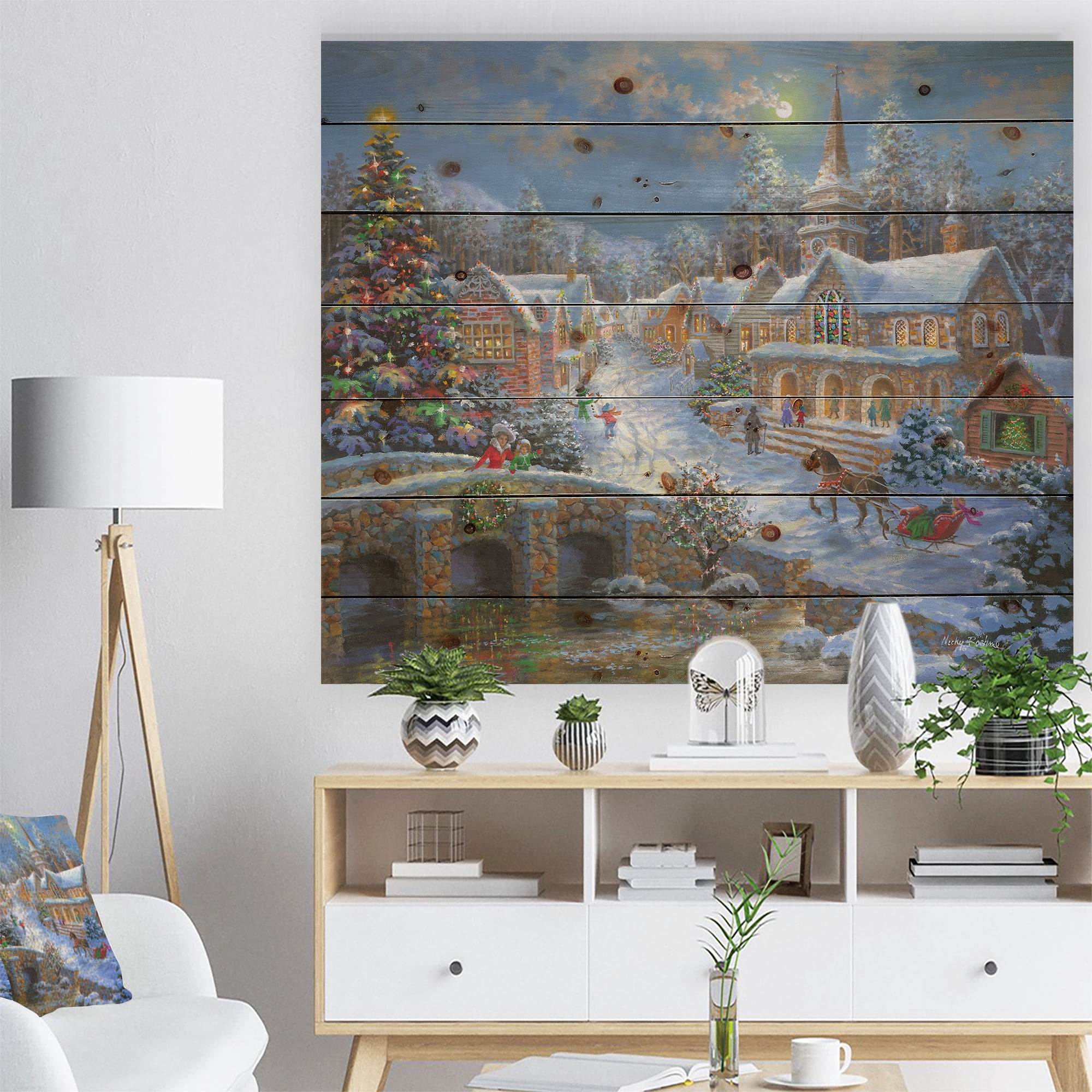 Designart 'Christmas Paradise with church snow and open sleigh' Print on Natural Pine Wood