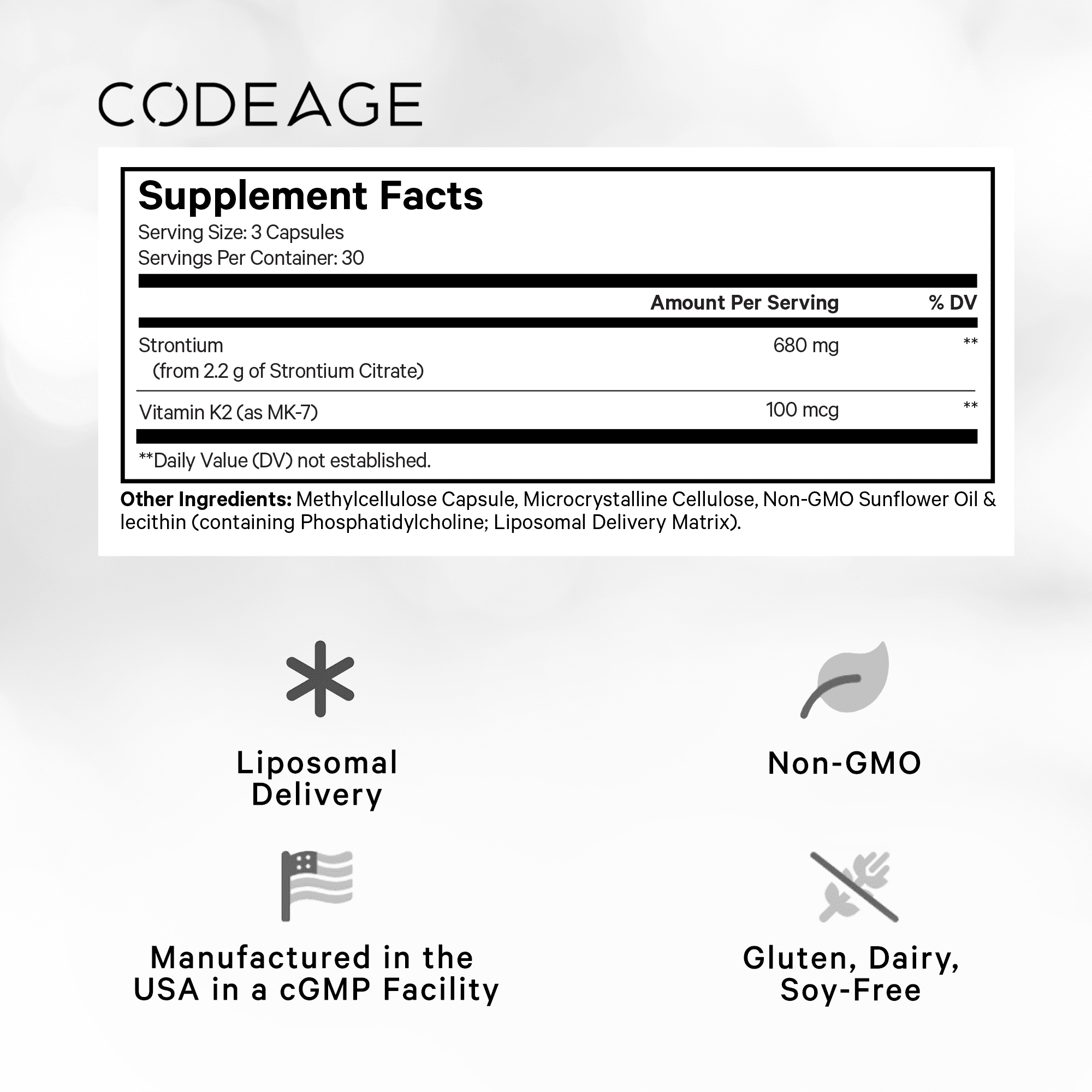 Codeage Liposomal Strontium Supplement - Strontium Citrate, Vitamin K2 MK-7, Liposomal Delivery, Non-GMO Mineral Strontium, Gluten-Free - 90 Capsules
