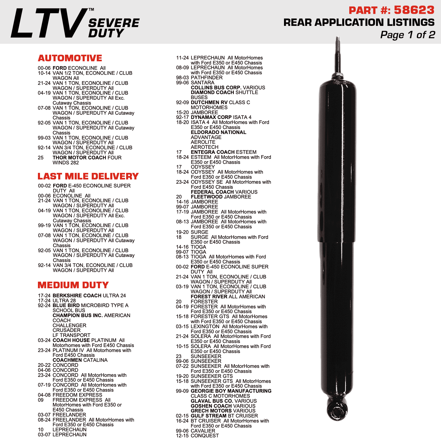Gabriel 58623 LTV Severe Duty Rear Shock Absorbers Fits Motorhomes, RV, Shuttle, buses, Berkshire; Blue Bird; Champion Bus; Coachmen; Dutchmen; Fleetwood; Forest River; Winnebago; Thor Motor (1 pack)