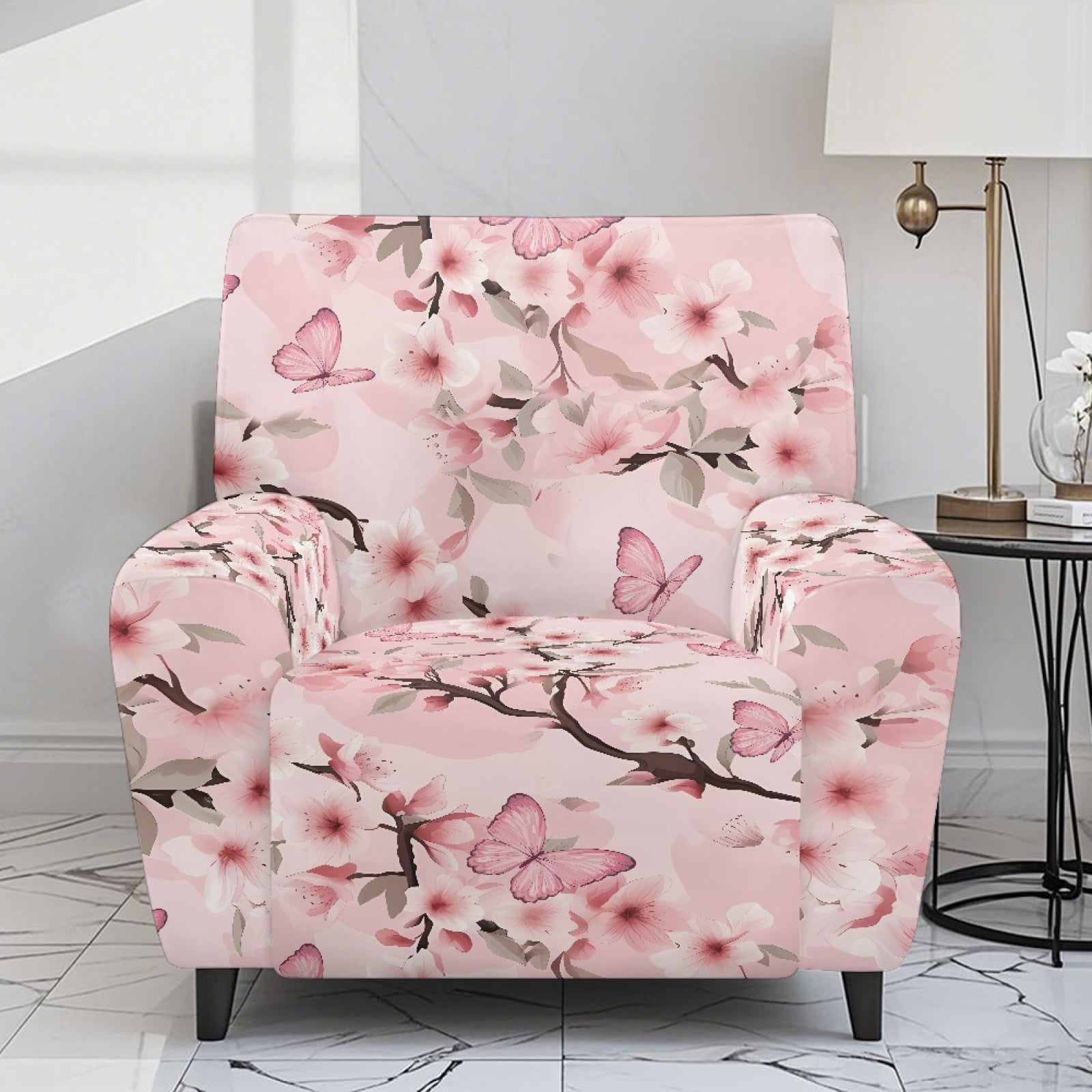 Xoenoiee Butterfly Cherry Blossom Print Recliner Cover with Pockets 4-Pieces Reclining Slipcover Lazy Boy Recliner Armchair Cover with Elastic Bottom for Recliner Furniture Protector for Kid Pet