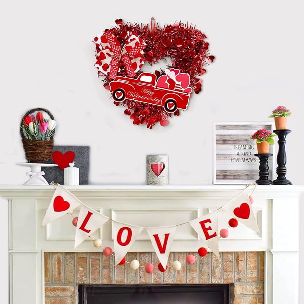 Decoración del hogar, decoración de la habitación, decoración de la pared Corona de San Valentín de 15 pulgadas con lazo y corazón para puerta de entrada, decoración del día de San Valentín, suministr