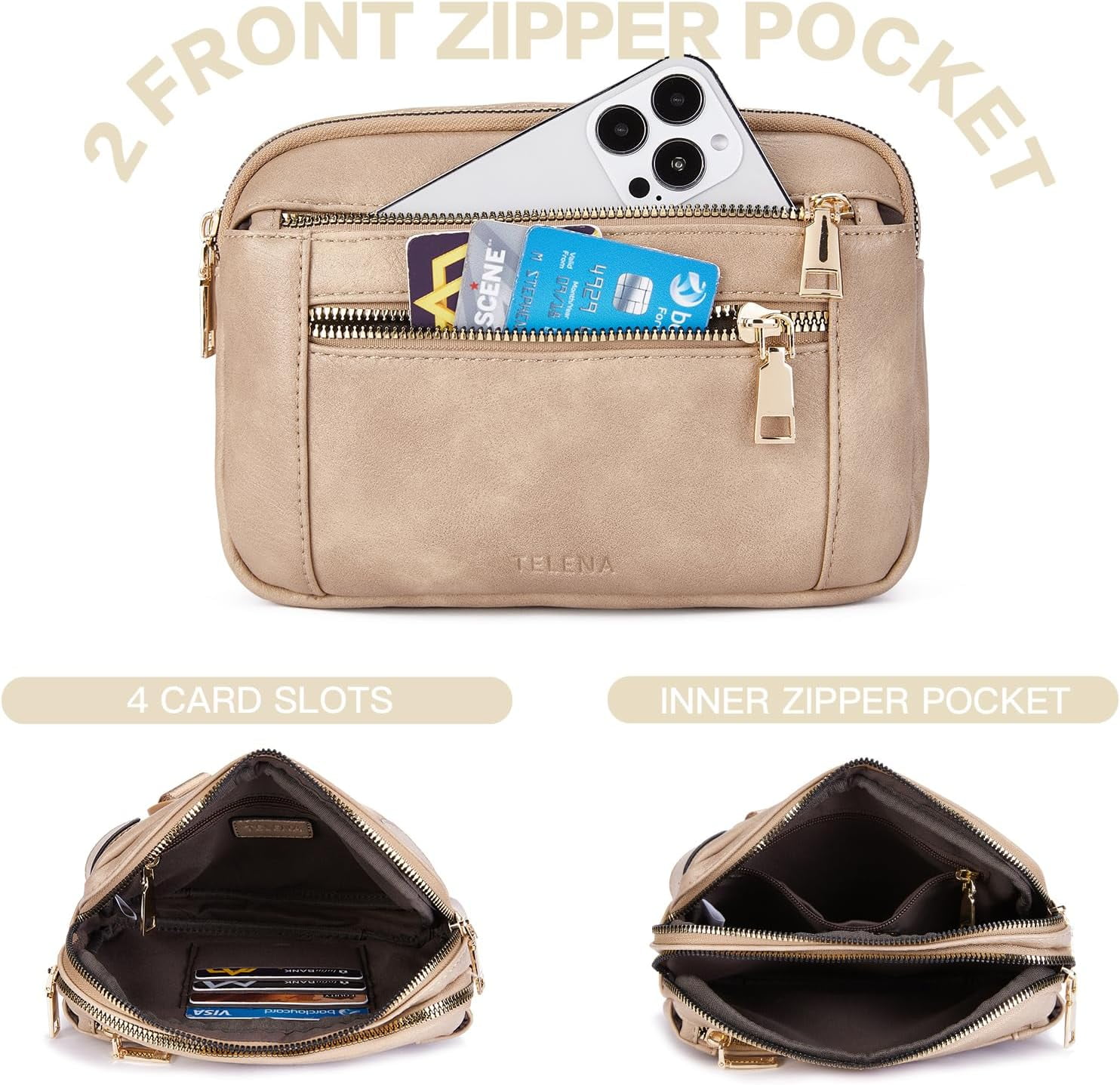 Fanny Packs for Women Cross Body Bag Leather Belt Bag Fashionable Waist Bag with Adjustable Strap Beige Brown