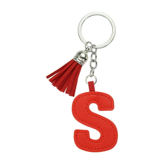 Alphabet Initial Letter Keychain, Cute Leather Keychains with Tassel Letter S Pendant Charm, Red