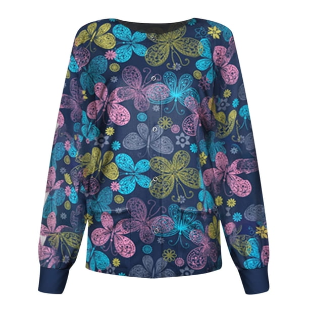 Blusa de uniforme de trabajo para mujer con estampado de cuello redondo y manga larga a la moda para mujer Fridja fksj2409