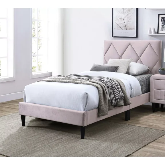 1pc Twin Size Bed w Adjustable Headboard Modern Style Bedroom Furniture Light Pink Velvet Tufted Design