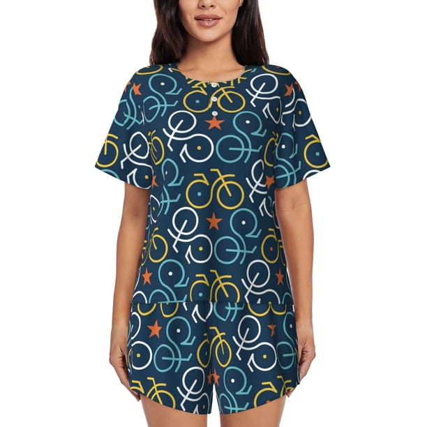 Fotbe Bicycle Colorful Conjunto de Pijama Estampado para Mujer, 2 Piezas, Ropa de Dormir con Camiseta de Manga Corta y Shorts Suaves-X-Large