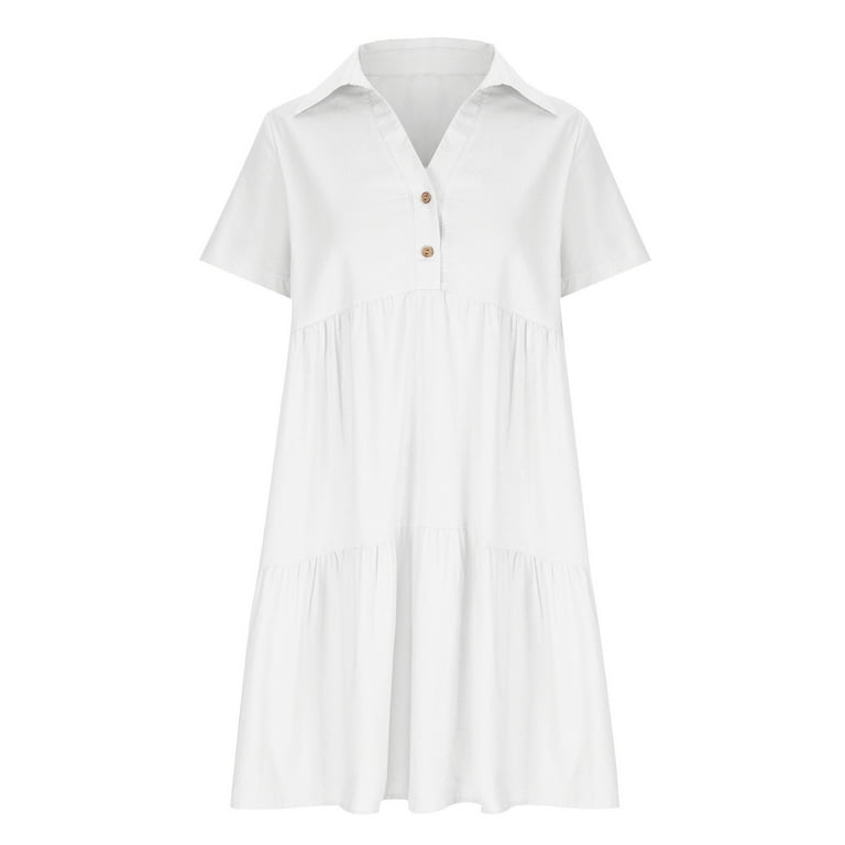 white flowy knee length dress BRGZLK Women's Lapel Summer Dresses Casual Loose Solid Color Button Front Short Sleeve Loose Fit Flowy Knee Length Dress White L