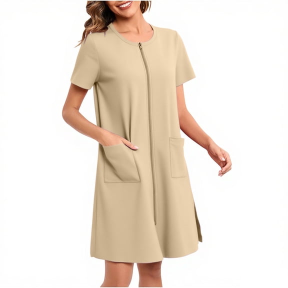 Women Zipper Robes, Knee Length Short Sleeve Bathrobe Lightweight Solid Color Housecoat with Pockets Nightgown Sleepdress Beige M