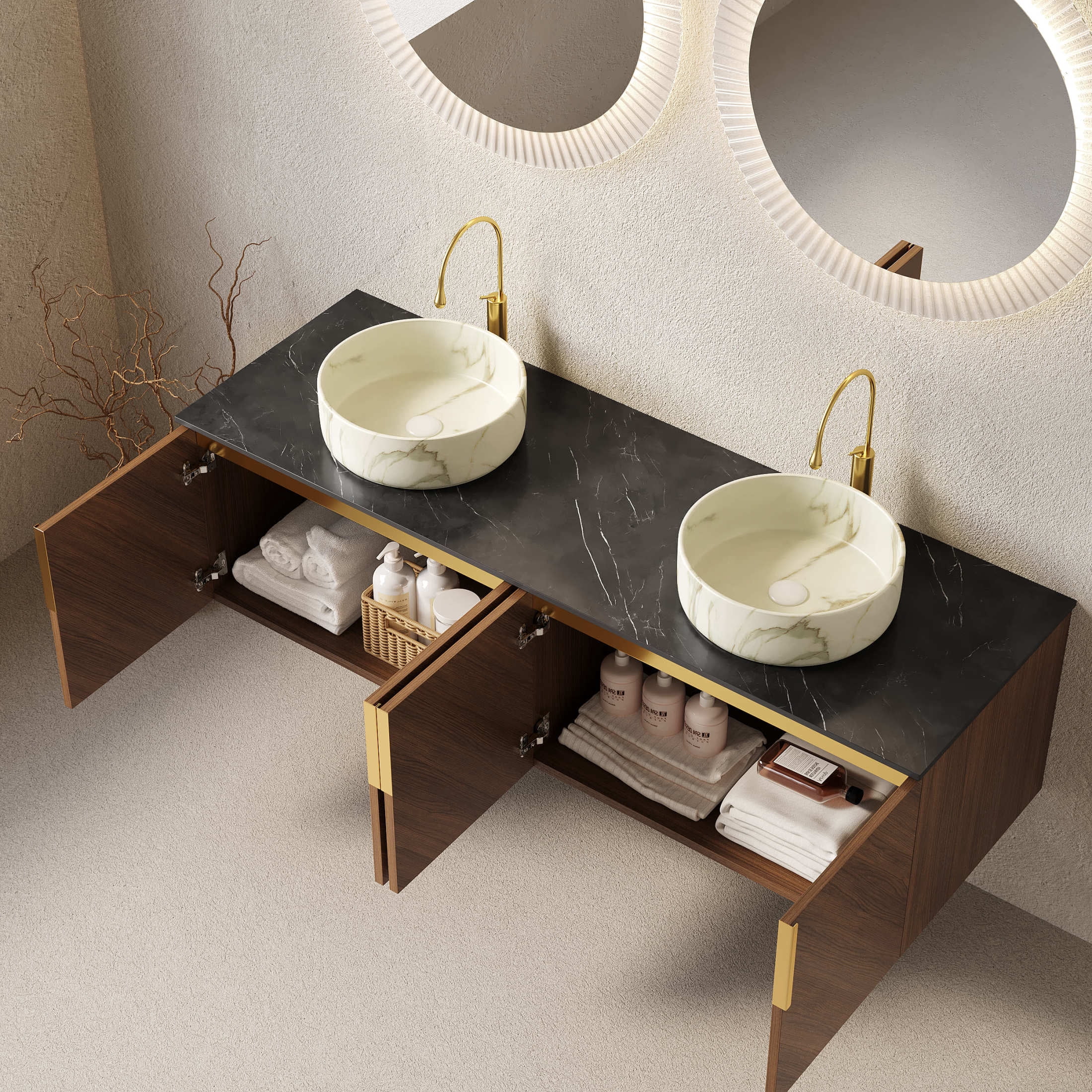 Noble House ARAI 60" Floating Double Bathroom Vanity, Sintered Stone Top Cabinet with Dual Stone Round Sink, Oak
