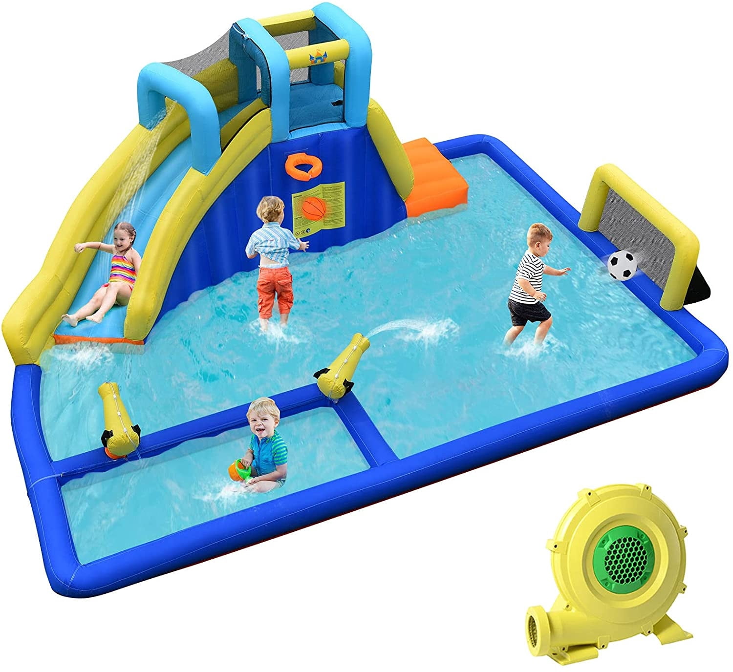 Redsmile 6-in-1 Inflatable Water Slides with Splash Pool Climbing Wall Basketball Hoop for Kids Aged 3-10 Outdoor Summer Play - Blue and Yellow
