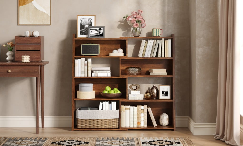 Expandable Bookshelf, 4-Tier 2-Piece L-Shaped Adjustable Bookcase, Up to 47" Wide Modular Storage Shelf for Wall Corners, Living Room, Bedroom & Small Spaces, Walnut