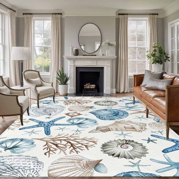 6'x9' Area Rugs, Blue Beige Coastal Indoor Outdoor Area Rug for Living Room Bedroom, Summer Beach Starfish Shell Nautical Washable Bathroom Rugs Kitchen Floor Carpet Mats Home Decor Aesthetic