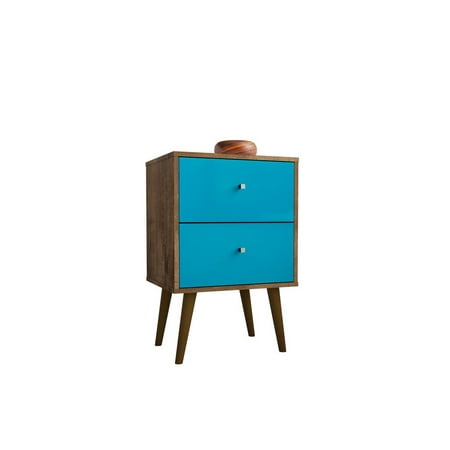 Small Brown Nightstand Liberty Mid-Century - Modern Nightstand 2.0 with 2 Full Extension Drawers in Rustic Brown and Aqua Blue ()