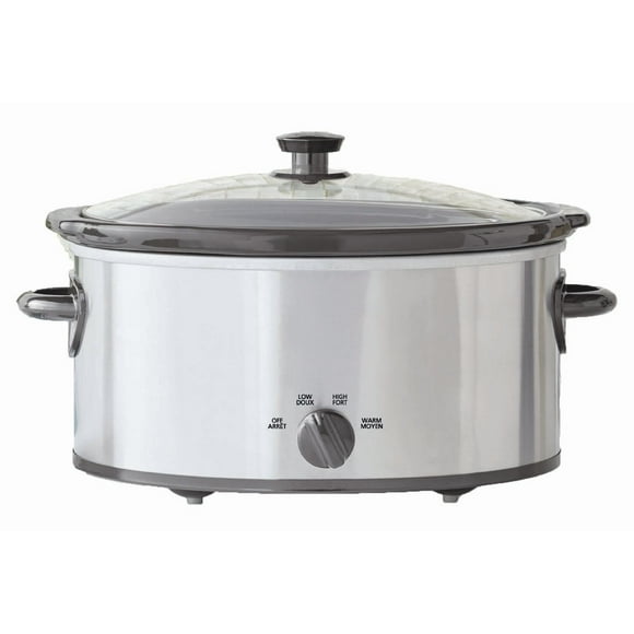 Mainstays 6 Quart Oval Slow Cooker, Stainless Steel Finish, Glass Lid, MS-202397CN, Removable stoneware pot