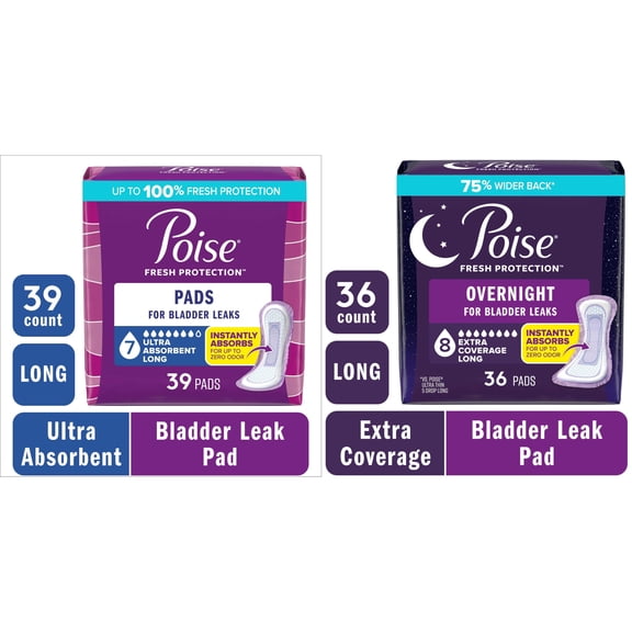 Poise Incontinence & Postpartum Pads for Bladder Leaks, 7 Drop Long Ultra Absorbency 39ct and Overnight 8 Drop Extra Coverage 36ct