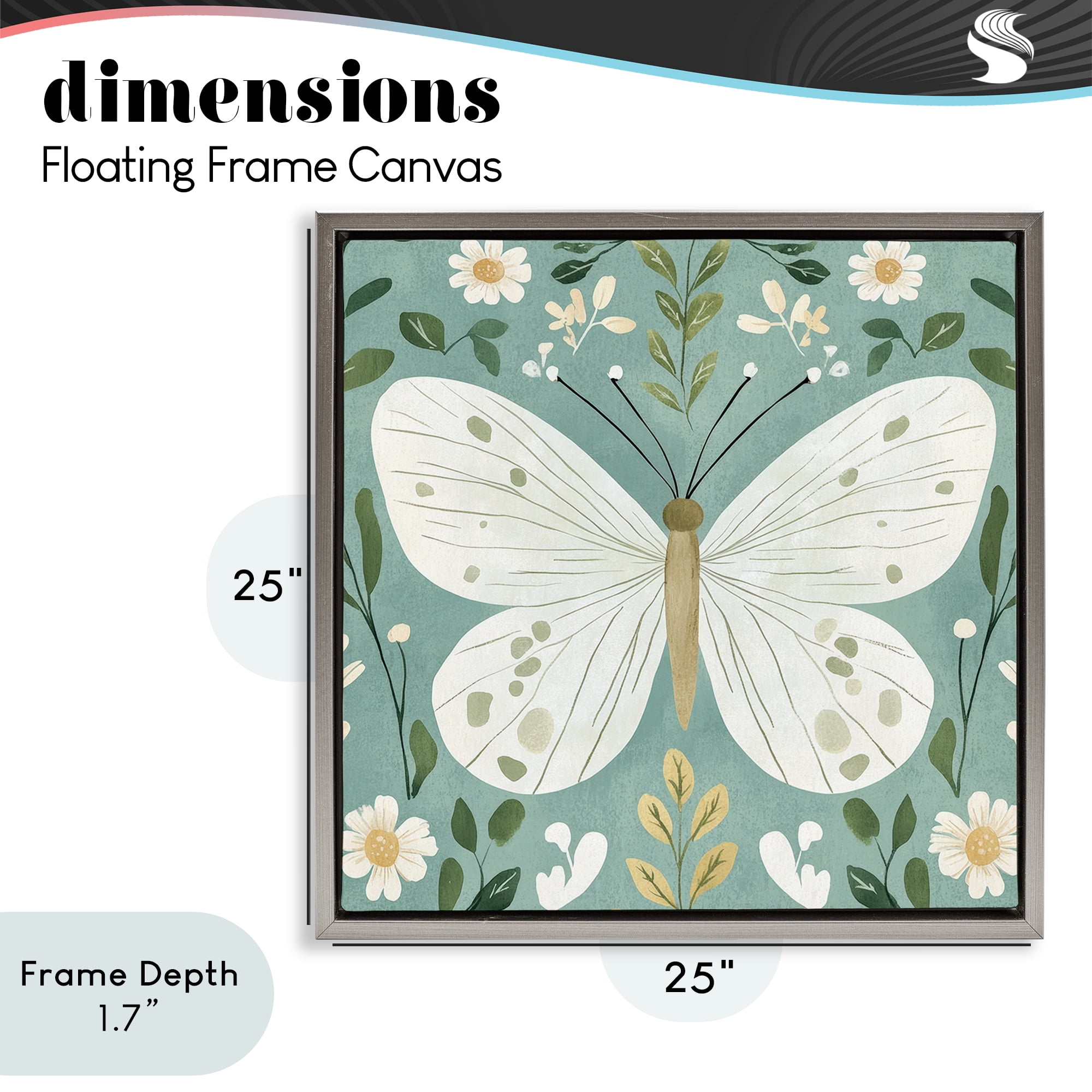 Stupell Industries Teal Butterfly Garden with Daisies Gray Framed Floater Canvas Wall Art, design by Petal Prints Design