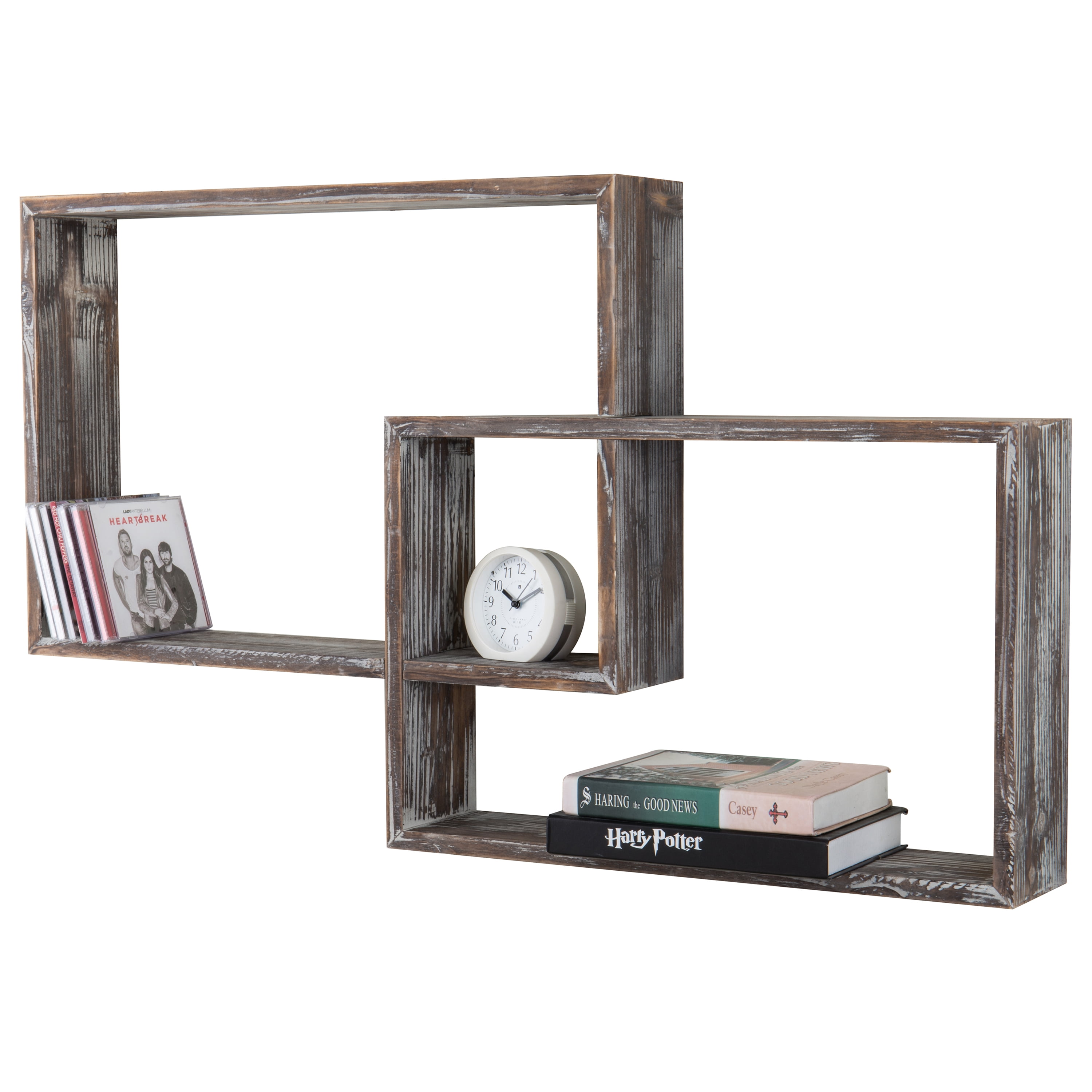 MyGift WallMounted Torched Wood Floating Display Shelves, Interlocking
