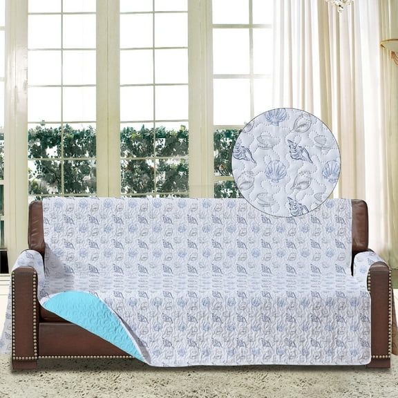 Skylinewears Reversible Sofa Cover with Pockets, Stain Resistant Couch Protectors for 2 Cushion Couch (Blue Shell/Grey)