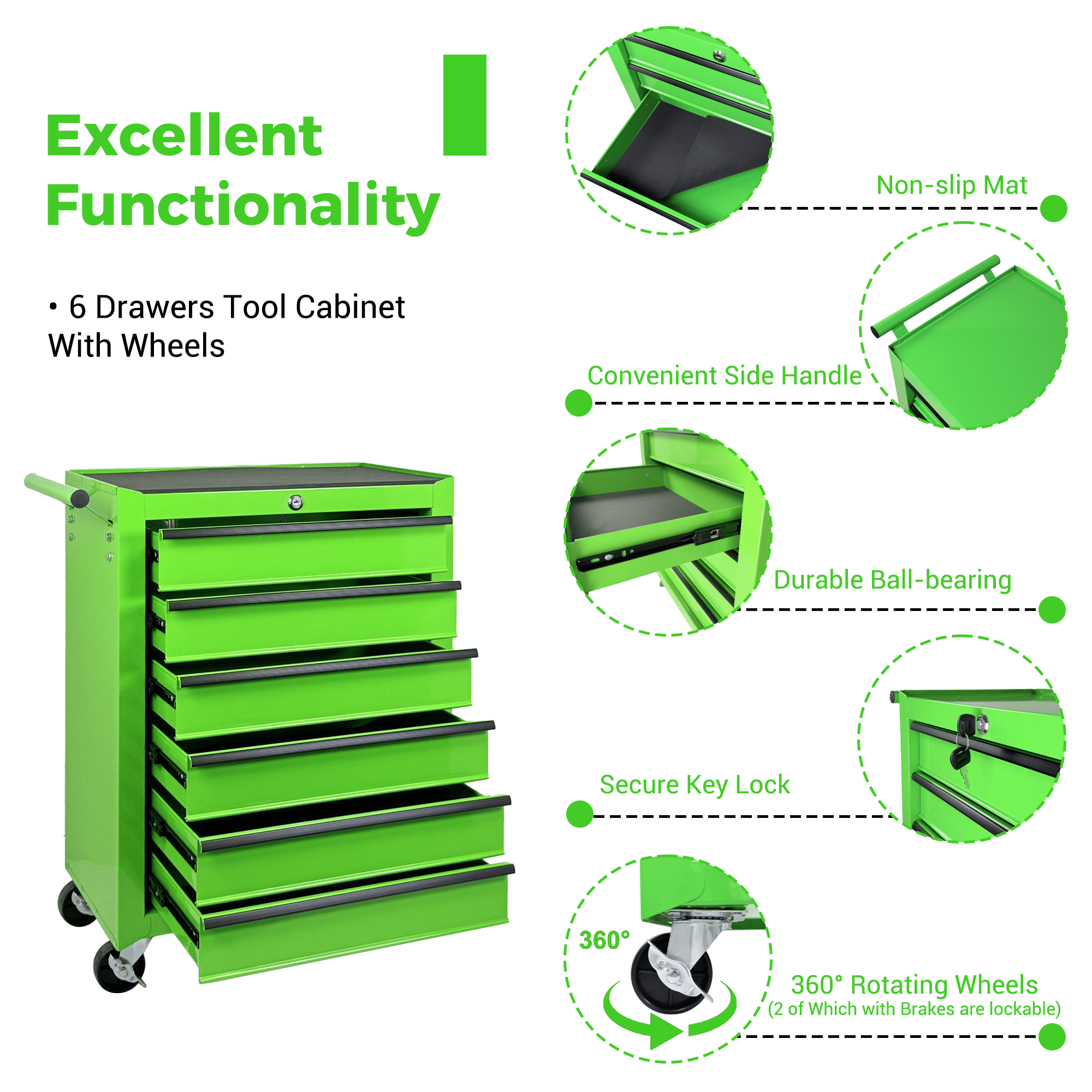 6 Drawer Tool Chest Cabinet with Ball Bearing Drawer Slides,20"W Rolling Metal Tool Chest with 6 Drawers,Steel Tool Storage Box Organizer,Green