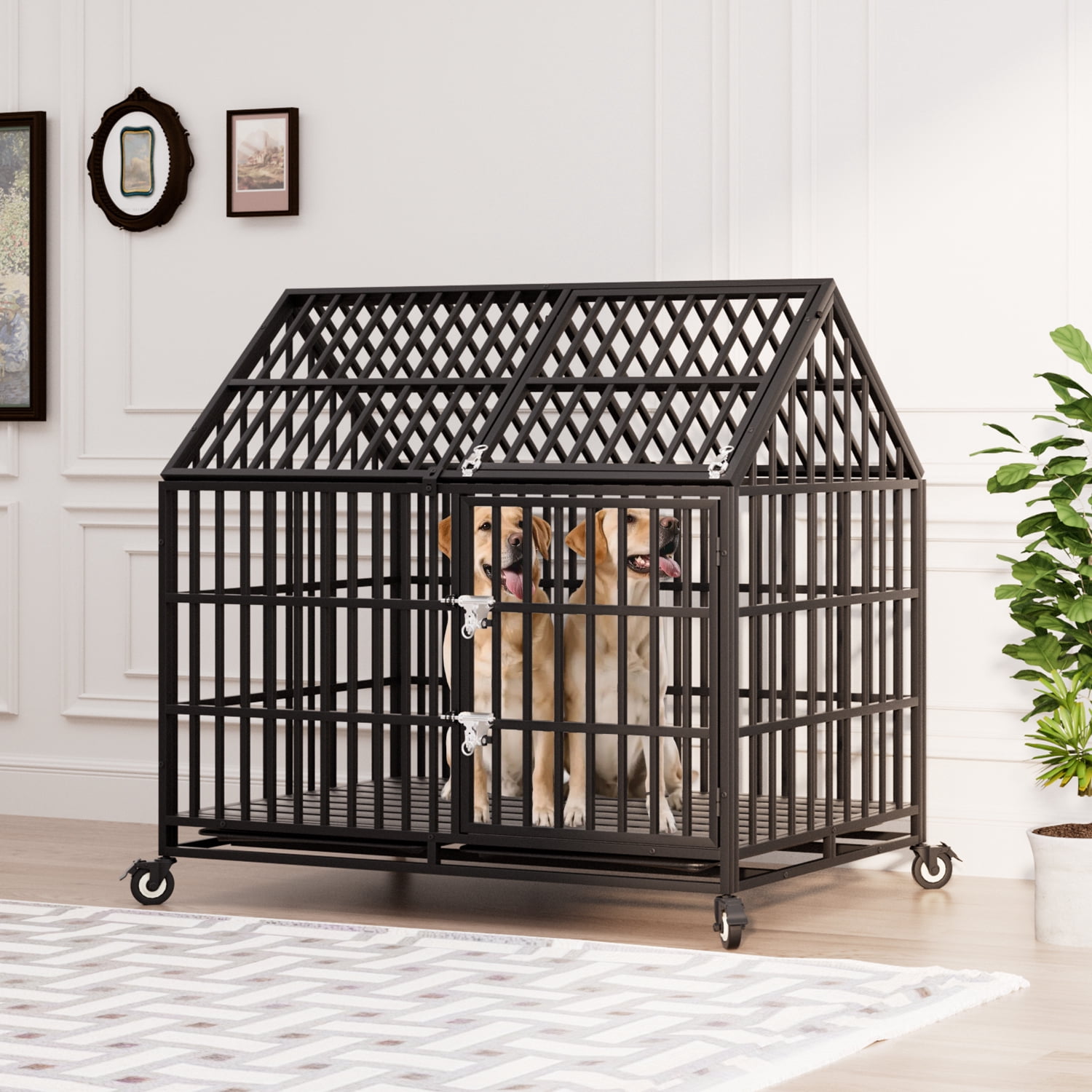 Ufyerutg 50'' Indestructible Heavy Duty Dog Crate, Escape Proof Strong Steel Impact Pet Cage for Large Giant Dogs, High Anxiety Sound Proof Chewproof Kennel Double Door with Trays and Wheels
