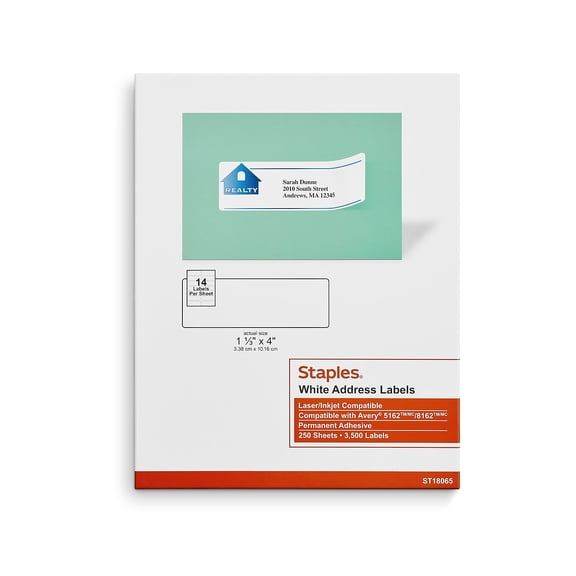 Staples Laser/Inkjet Address Labels 1 1/3" x 4" White 14 Labels/Sheet 7000/Carton ST18065-CCVS